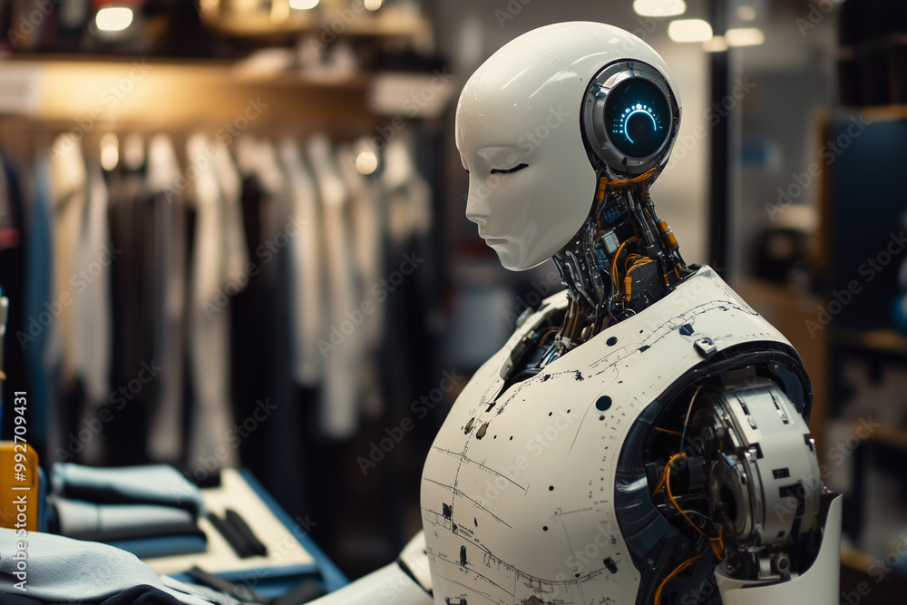 Poster robot is sitting in a store with clothes hanging around it.