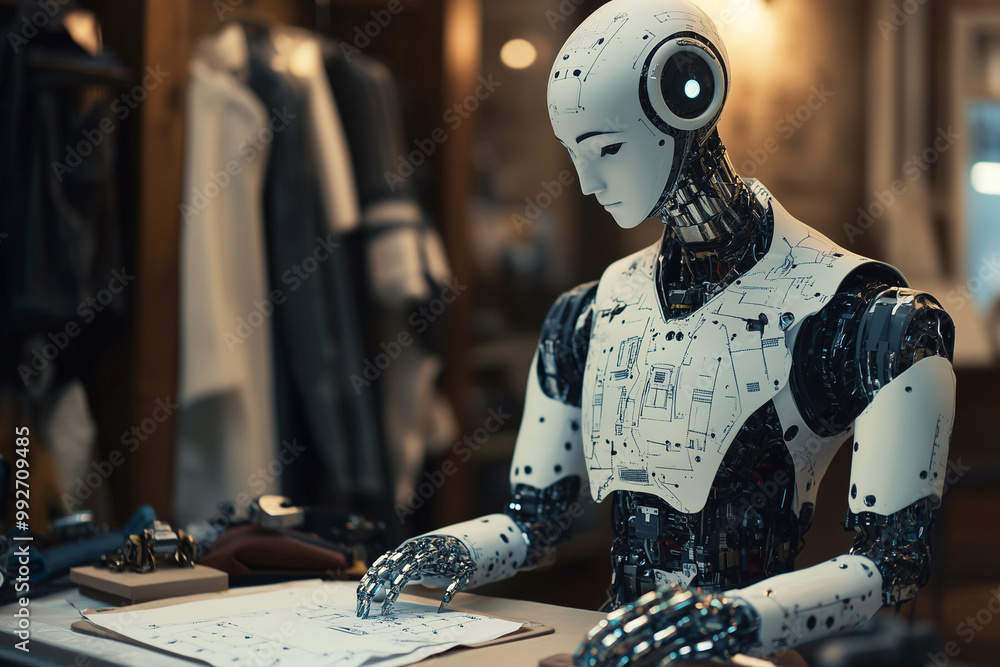 Aufkleber robot is sitting at a table with a pile of clothes in front of it. the robot appears to be sorting t