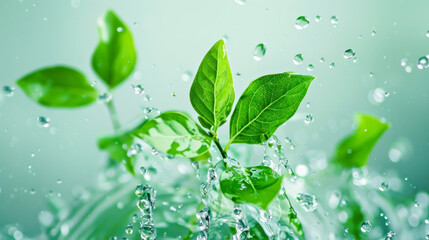 Vibrant green leaves with water drops on a refreshing background