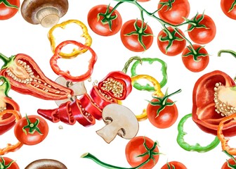 Food, fresh peppers, mushrooms and tomatoes. Bright seamless pattern for making kitchen fabric. For printing and decorating tablecloths, kitchen towels, napkins, aprons, etc. Juicy fresh vegetables
