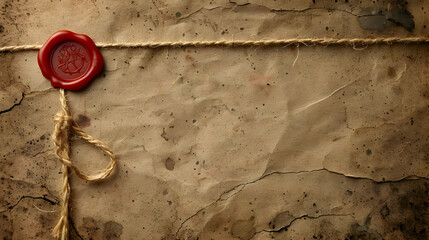 A Close-Up of an Old, Worn, and Cracked Brown Paper Sheet with a Red Wax Seal and a String Tied Around It