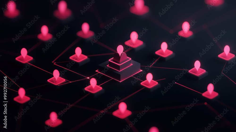Poster sleek digital organization chart with glowing pink nodes connected by lines