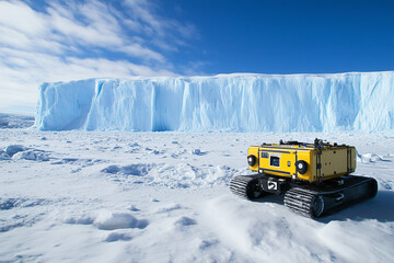 large orange vehicle is driving through the snow on a frozen landscape. The vehicle is a snow plow, and it is driving towards a large ice wall. The scene is desolate and cold, with the snow