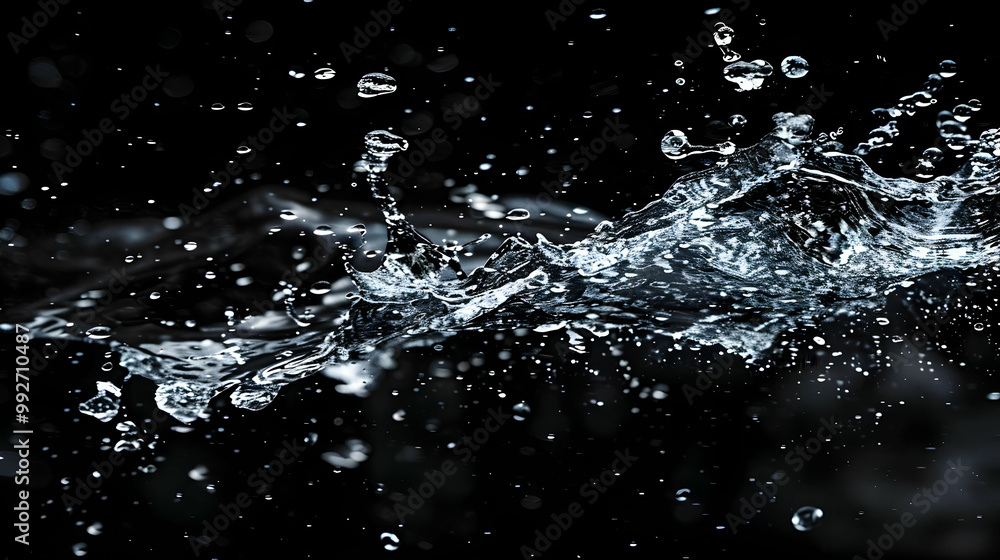 Poster abstract water splash with a dark background, showing a wave of water with droplets flying upward, c