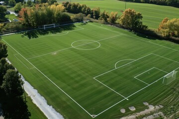 Obraz premium Aerial view of an empty soccer field with neatly cut grass and white lines.
