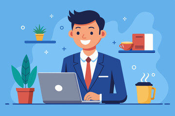 Obraz premium Smiling businessman working on laptop with coffee