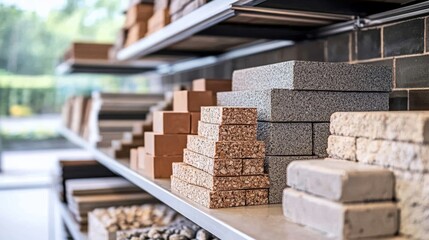 A variety of building materials displayed on shelves, showcasing different textures, colors, and shapes, ideal for construction and design projects.
