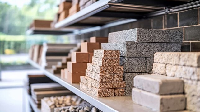 A variety of building materials displayed on shelves, showcasing different textures, colors, and shapes, ideal for construction and design projects.