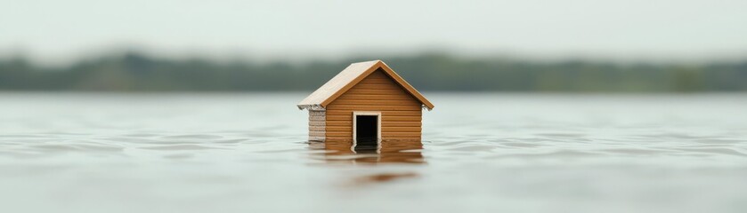 A miniature house surrounded by rising water, symbolizing flooding and the impact of climate change on homes