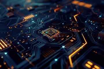 Obraz premium Close-up of a circuit board with glowing lines and microchip connections.