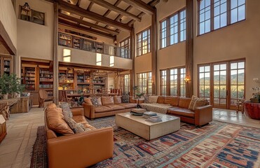 Photo of a large living room in a beautiful New Mexico mansion. The walls are tan, and the ceilings are high with double-height windows overlooking the desert. Created with Ai