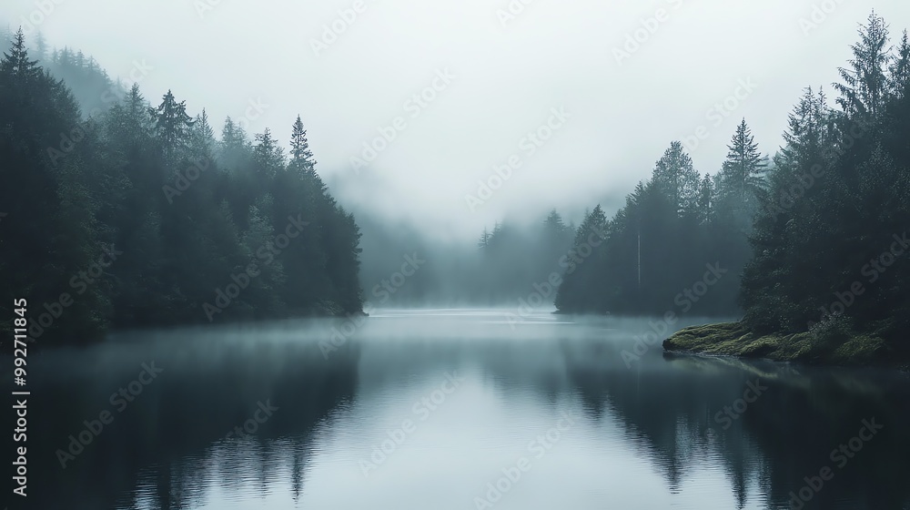 Poster a serene lake nestled in a misty forest, the water reflecting the surrounding trees and the soft lig