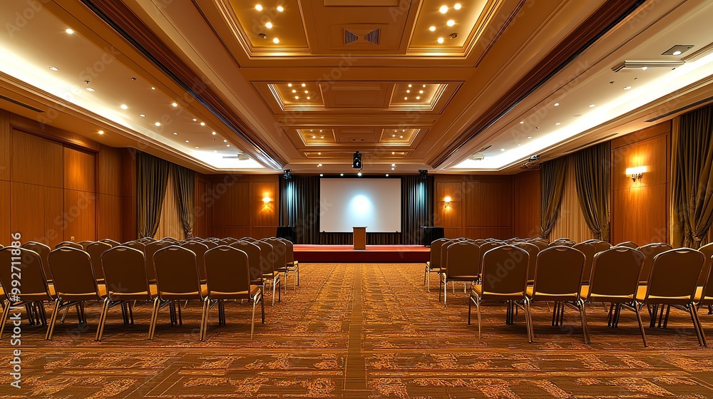 Poster a large, empty conference room with rows of chairs facing a stage with a projector screen.