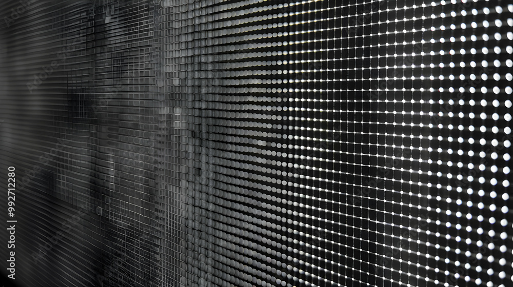 Poster close-up view of a black surface with a grid of white dots, arranged in rows and columns, creating a