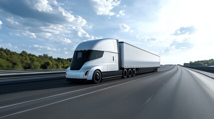 A sleek, futuristic semi-truck speeds down a highway, its white cab and trailer gleaming under a bright blue sky.