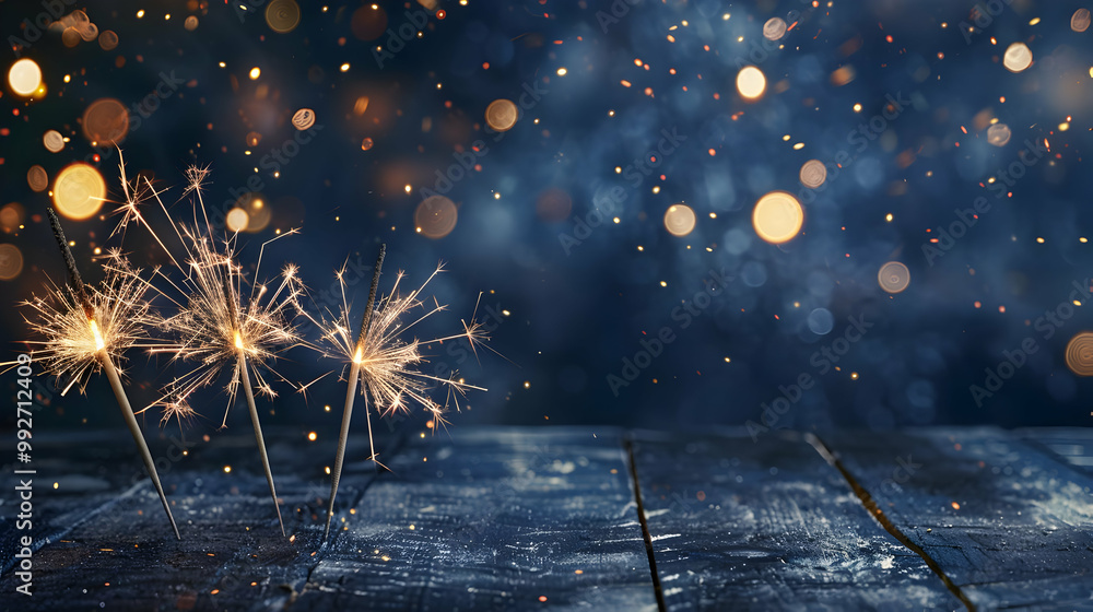 Poster sparkling fireworks on a rustic wooden table with a blue bokeh background