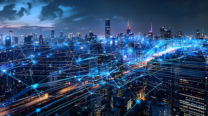 Fototapeta premium A Digital Network of Lines Connecting City Buildings at Night