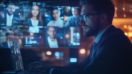 A businessman in a suit and glasses works on his laptop in a dimly lit room.