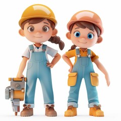 Cute cartoon boy and girl in Mechanic costumes with sweet smiles. Profession cartoon concept isolated on white background. 3d rendering