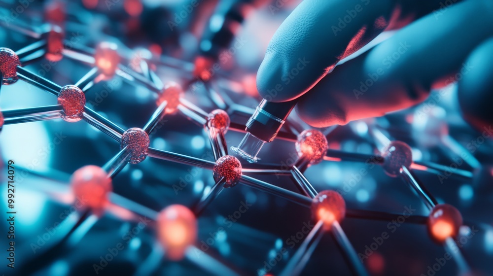 Poster a hand manipulates glowing nodes in a digital network, representing advanced technology and molecula