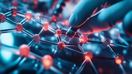 A hand manipulates glowing nodes in a digital network, representing advanced technology and molecular structures.