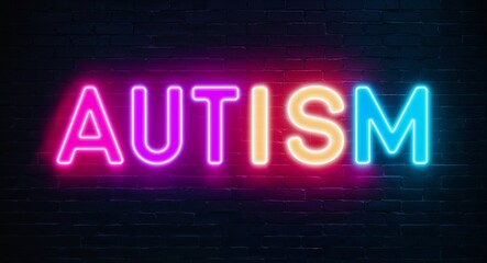 Obraz premium autism word lettering glowing with neon light on dark brick wall background