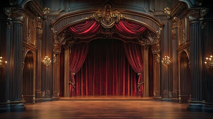 A grand classical stage with richly detailed woodwork and ambient chandelier lighting, The curtains are deep burgundy with ornate gold patterns