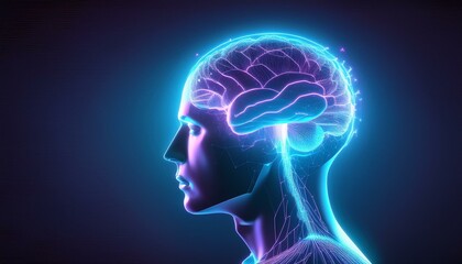 Fototapeta premium Human brain illustrated with neon lights, side profile on dark background.