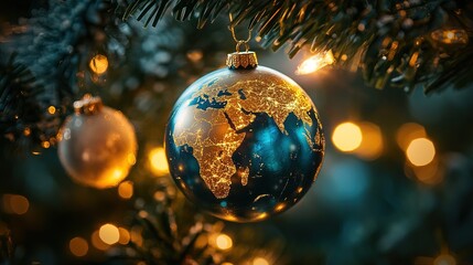 Close-Up of a Globe-Shaped Christmas Bauble with Festive Charm