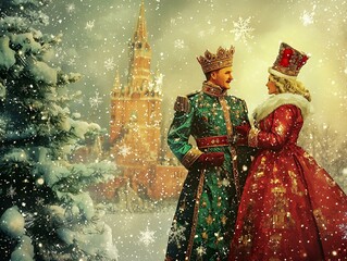Fototapeta premium Regal Couple in Traditional Russian Costumes Celebrating Winter by the Kremlin.