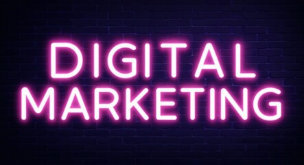 Obraz premium digital marketing word lettering glowing with neon light on dark brick wall background