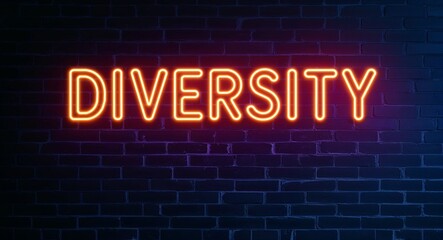 Fototapeta premium diversity word lettering glowing with neon light on dark brick wall background