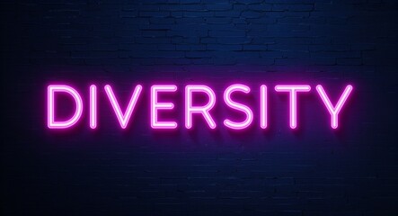 Obraz premium diversity word lettering glowing with neon light on dark brick wall background
