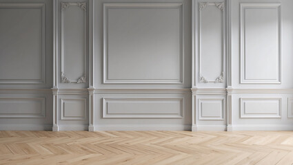 Obraz premium This classic interior background features light grey paneled walls with elegant molding and a herringbone wooden floor, creating a sophisticated and timeless atmosphere.