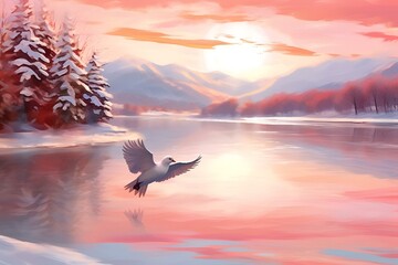 Fototapeta premium Serene Winter Sunset with White Dove in Flight Over Snowy River Landscape.