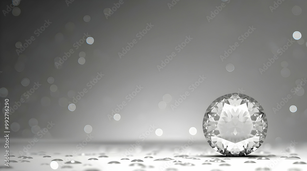 Poster a single diamond rests on a white surface with a gray bokeh background