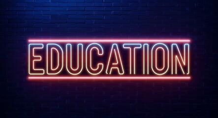Obraz premium education word lettering glowing with neon light on dark brick wall background