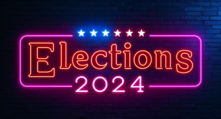 Obraz premium elections 2024 word lettering glowing with neon light on dark brick wall background