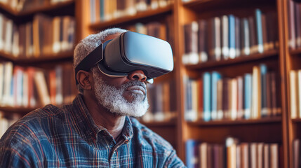 Elderly African American man exploring historical landmarks using VR technology in a bright library, surrounded by books, thoughtful expression, metaverse experience