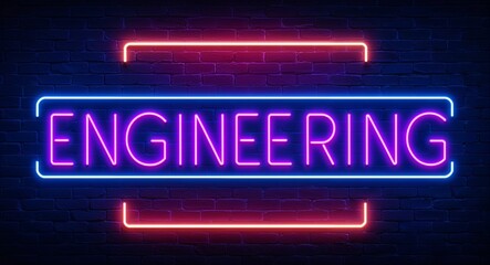 Obraz premium engineering word lettering glowing with neon light on dark brick wall background