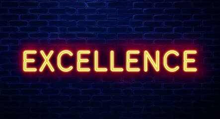 Obraz premium excellence word lettering glowing with neon light on dark brick wall background