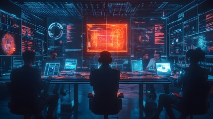 A group of digital artists seated in a circle, each focused on their tablet screens, glowing with vibrant digital artworks, surrounded by creative tools and holographic sketches