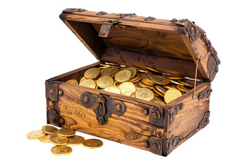 Treasure chest filled with gold coins, isolated on transparent background