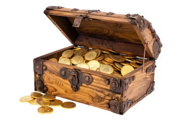 Treasure chest filled with gold coins, isolated on transparent background