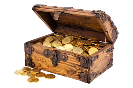 Treasure chest filled with gold coins, isolated on transparent background