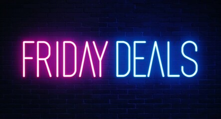 Obraz premium Friday deals word lettering glowing with neon light on dark brick wall background