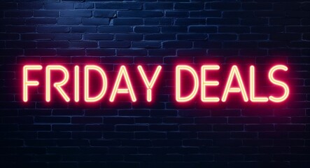 Fototapeta premium Friday deals word lettering glowing with neon light on dark brick wall background