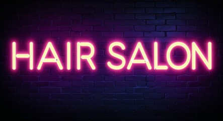 Hair salon word lettering glowing with neon light on dark brick wall background