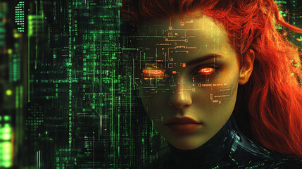 Cyberpunk portrait of redhead woman, double exposure, computer screen. Horizontal banner. Golden and black color scheme	
