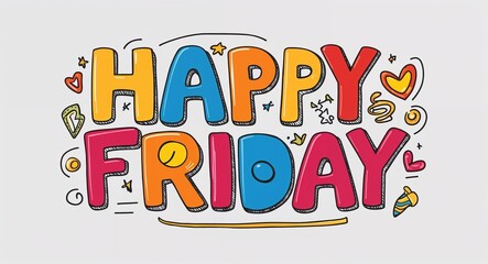 happy Friday word lettering with groovy doodles drawing design on plain white background